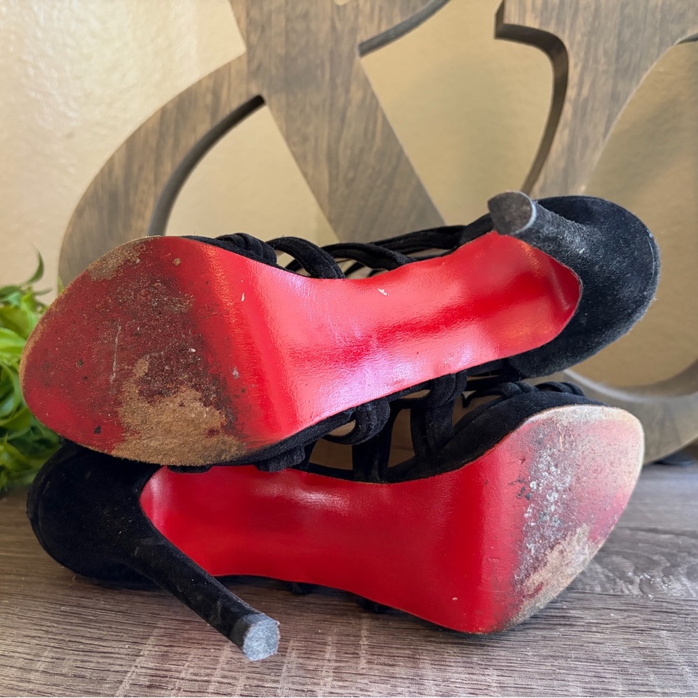 🇺🇸💲👠 Christian Louboutin Caged Heels Booties Black Suede Tinazata Red 38.5 EU7.5 - Picture 7 of 10